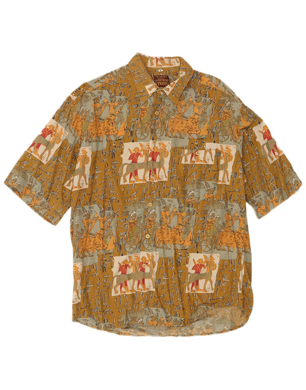 Vintage Mens Graphic Short Sleeve Shirt Large Khaki Patchwork Viscose