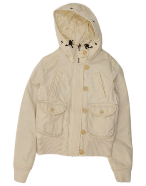 Woolrich Womens Hooded Padded Bomber Jacket UK 14 Medium Off White Nylon