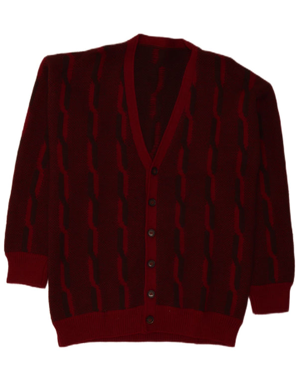 VINTAGE Mens Cardigan Sweater Large Burgundy Striped