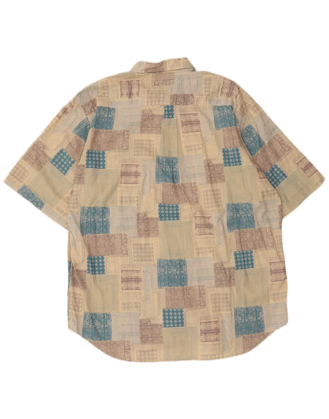 Vintage Mens Short Sleeve Shirt XL Beige Patchwork