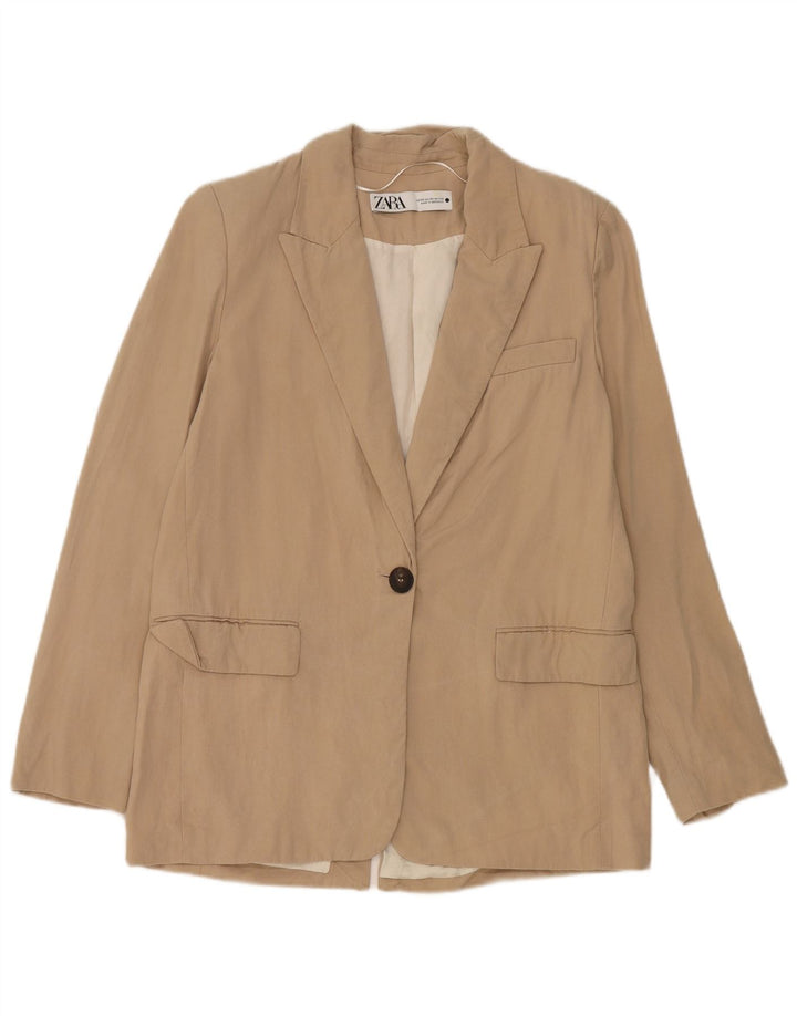 Zara Womens 1 Button Blazer Jacket UK 6 XS Beige Lyocell