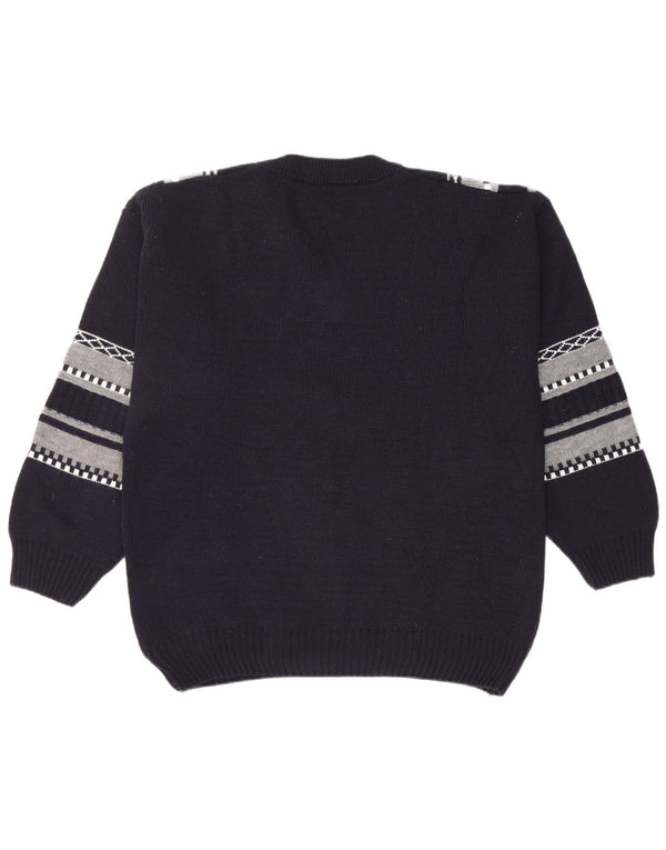 Vintage Mens V-Neck Jumper Sweater Large Navy Blue Striped Polyacrylic