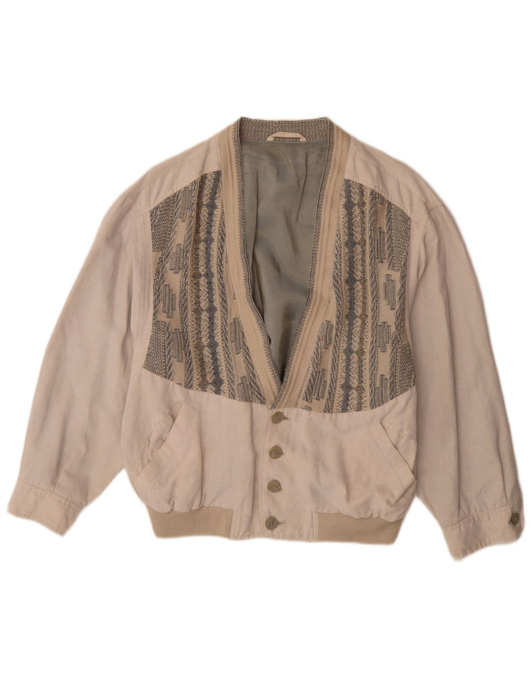 Vintage Mens Bomber Jacket UK 38 Medium Beige Geometric Viscose