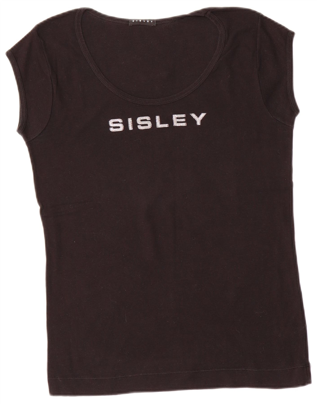 SISLEY Womens Graphic T-Shirt Top UK 14 Large Black Cotton