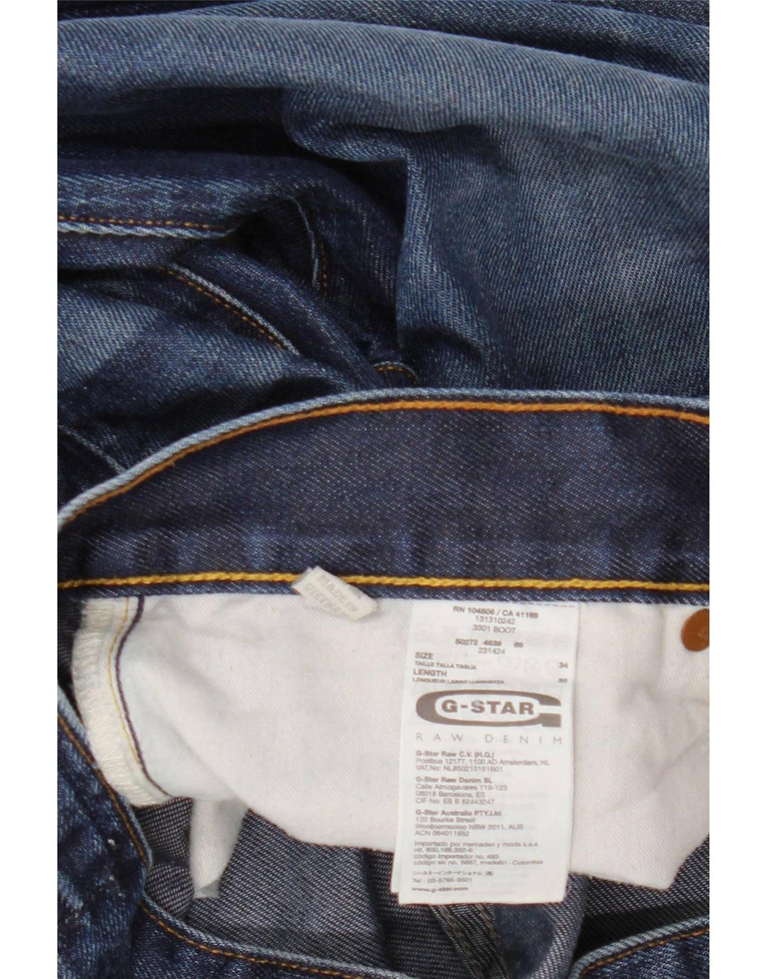 G-Star Mens 3301 Bootcut Jeans W34 L32 Blue Cotton