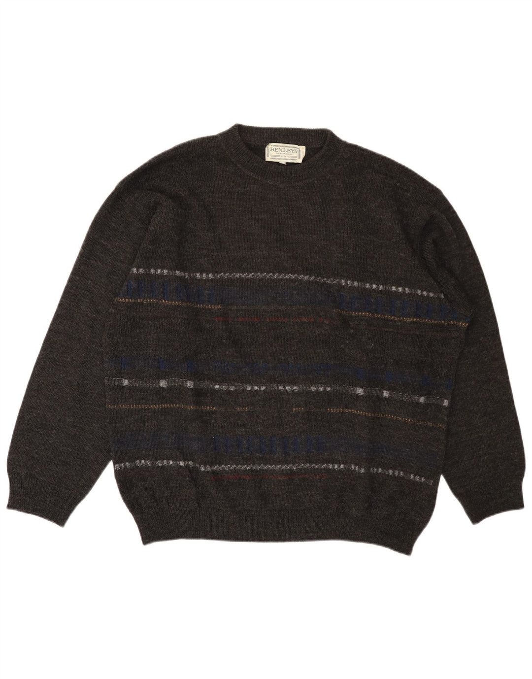 BEXLEYS Mens Crew Neck Jumper Sweater XL Grey Striped Polyacrylic