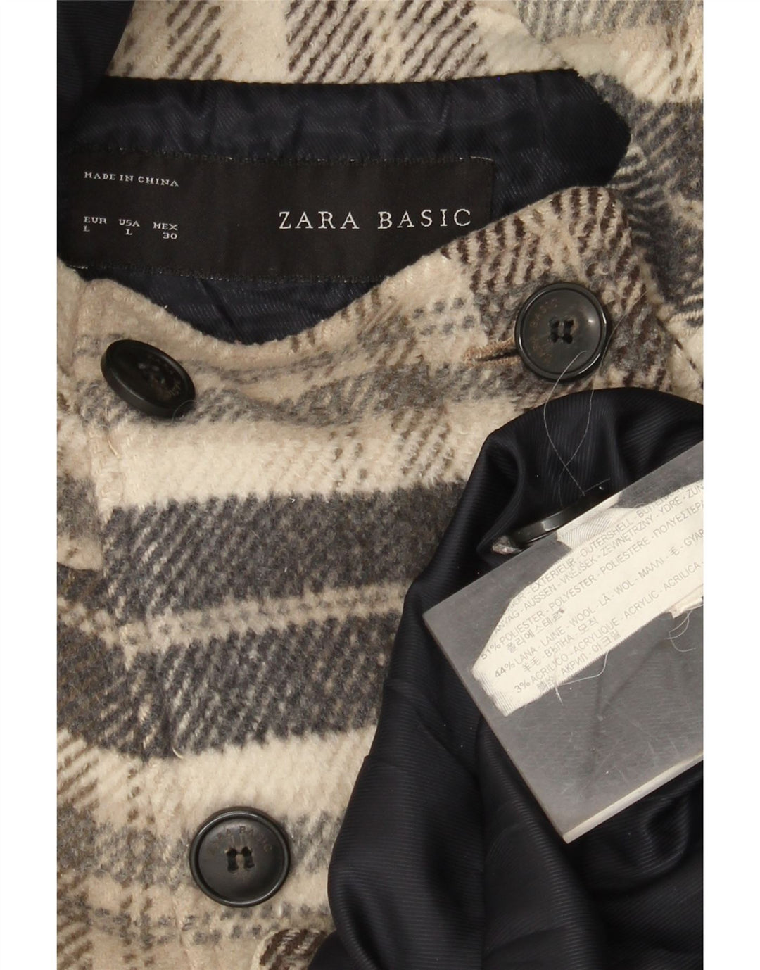 Zara Womens Short Hooded Double Breasted Coat UK 16 Large Beige Plaid