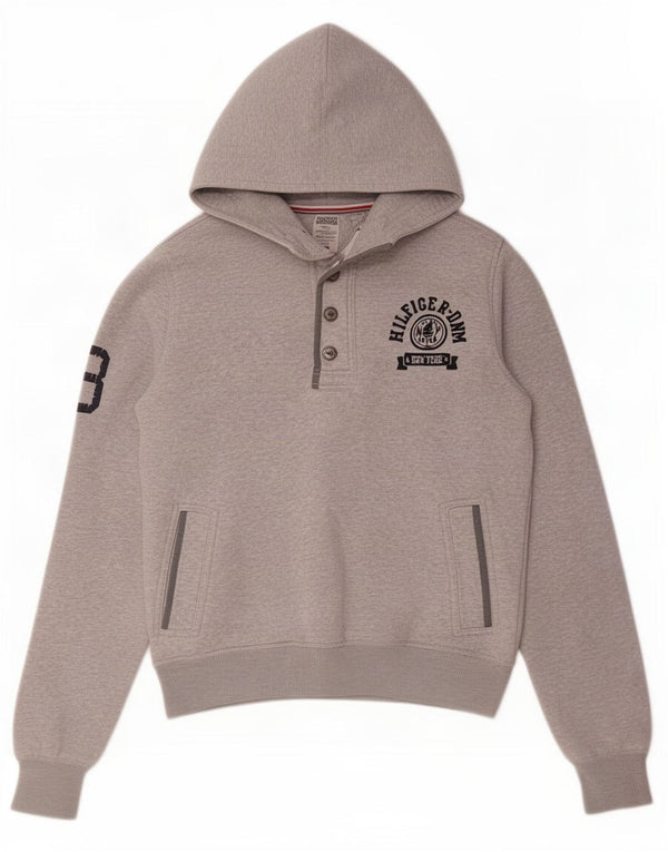 Tommy Hilfiger Mens Graphic Button Neck Hoodie Jumper Small Grey Flecked