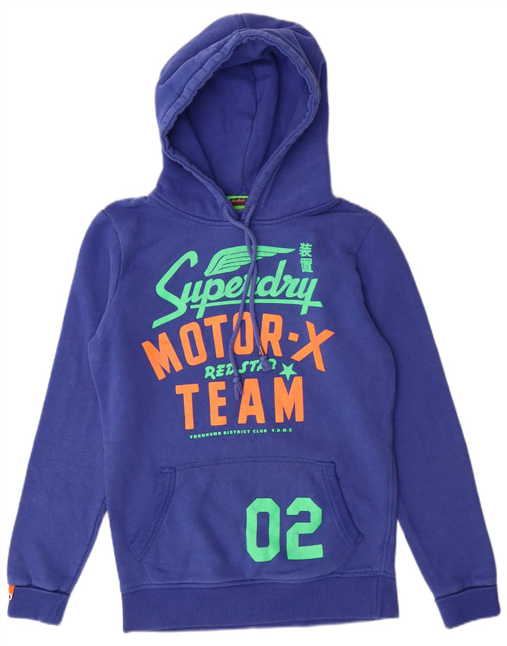 SUPERDRY Womens Graphic Hoodie Jumper UK 10 Small Blue Cotton