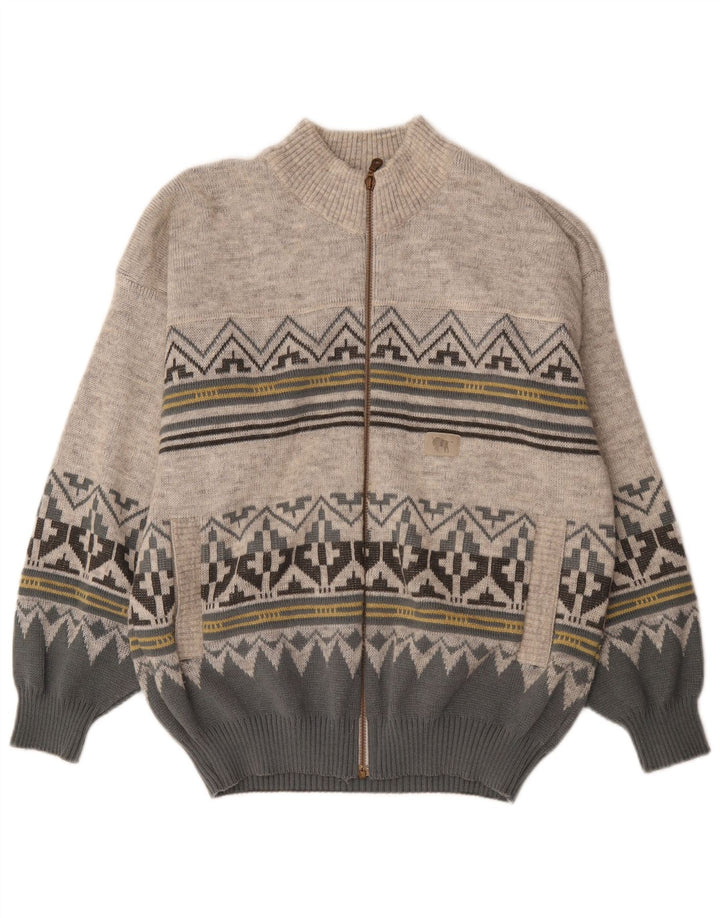 Maremma  Mens Cardigan Sweater Medium Grey Fair Isle Polyacrylic