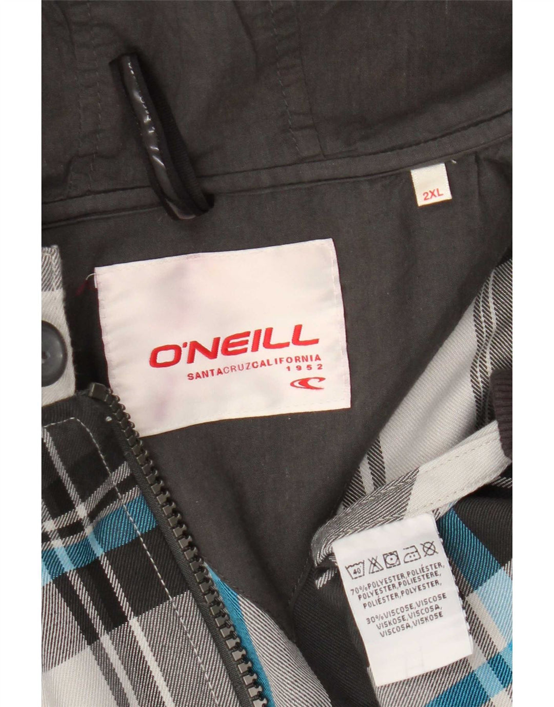 O'Neill Mens Hooded Bomber Jacket UK 44 2XL Grey Check Polyester