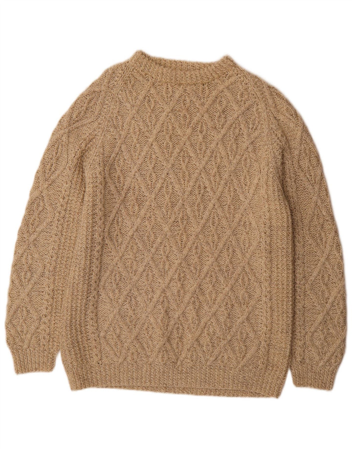 Vintage Mens Crew Neck Jumper Sweater Medium Beige Geometric
