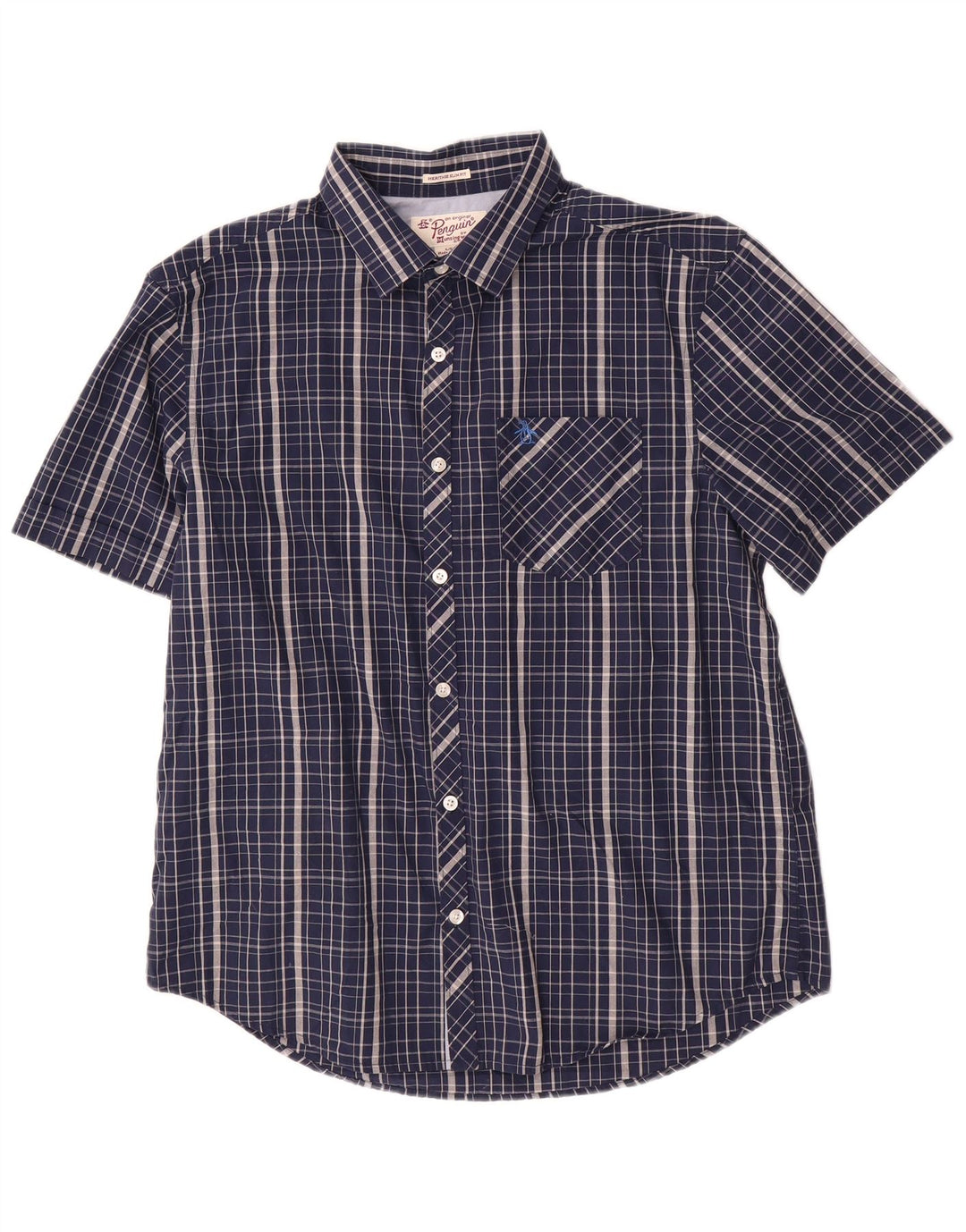 Penguin Mens Heritage Slim Fit Short Sleeve Shirt Large Navy Blue Check