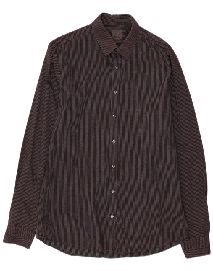 Calvin Klein Mens Slim Fit Shirt Size 39 15 1/2 Medium Grey Pinstripe