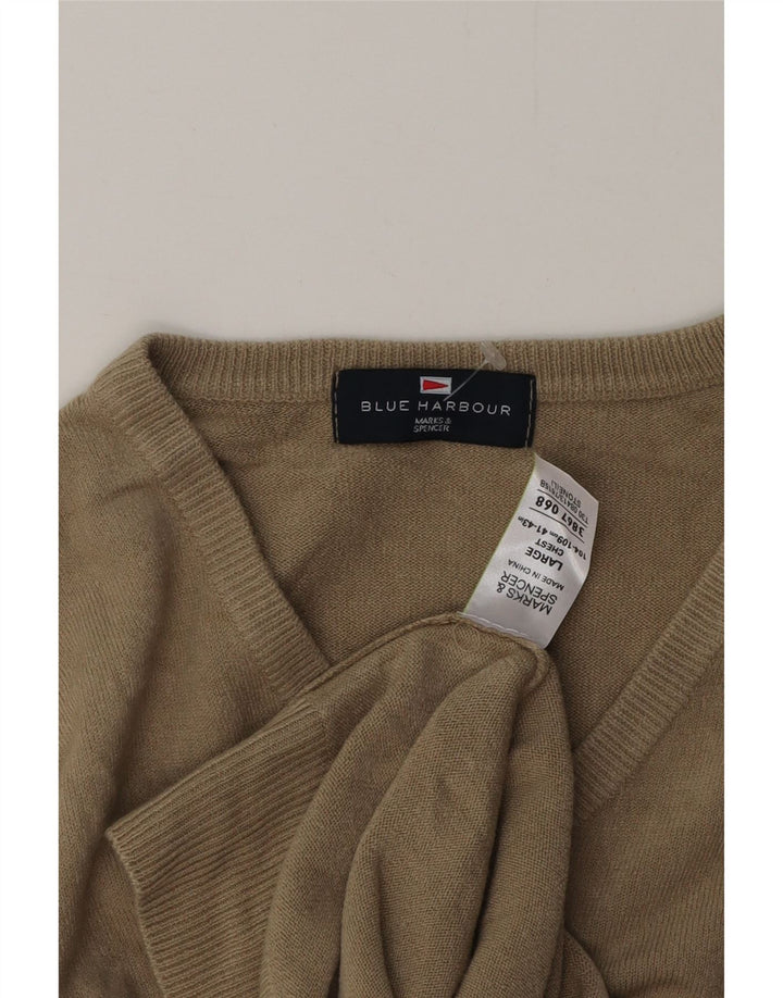 MARKS & SPENCER Mens Blue Harbour V-Neck Jumper Sweater Large Beige