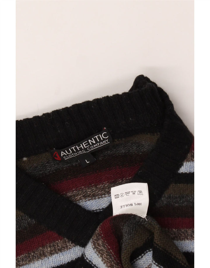 AUTHENTIC Mens V-Neck Jumper Sweater Large Multicoloured Striped Wool Vintage Authentic and Second-Hand Authentic from Messina Hembry 
