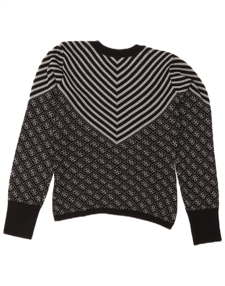 GUESS Womens Crew Neck Jumper Sweater UK 6 XS Black Chevron Polyester