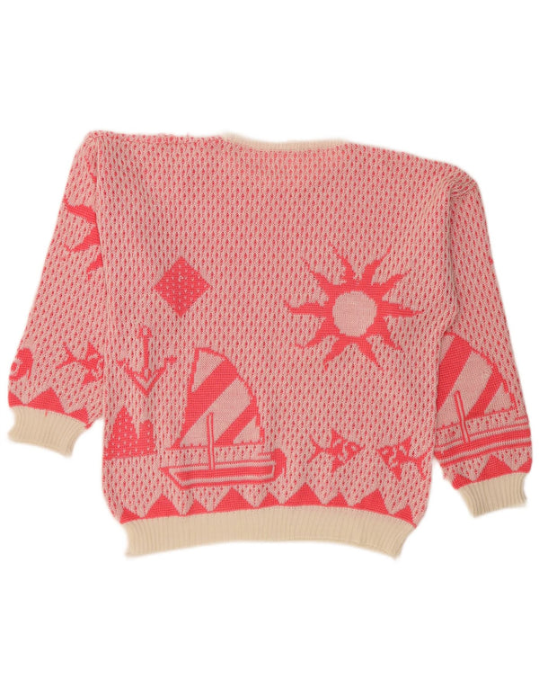 Vintage Womens Graphic Boat Neck Jumper Sweater UK 14 Large Pink Geometric