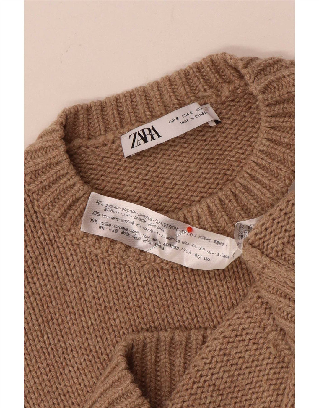 Zara Womens Oversized Crew Neck Jumper Sweater UK 10 Small Brown Polyester