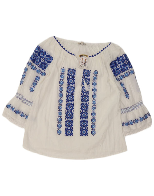 Vintage Womens 3/4 Sleeve Blouse Top UK 16 Large White Geometric Ethnic