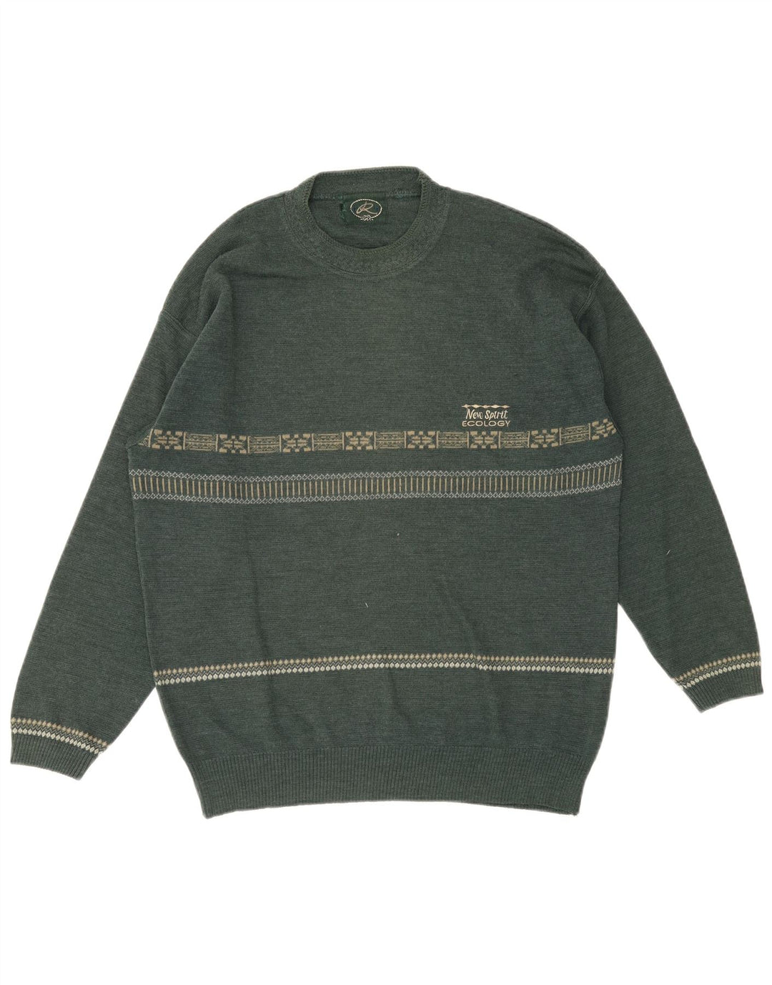 Vintage Mens Crew Neck Jumper Sweater Medium Green Geometric Wool