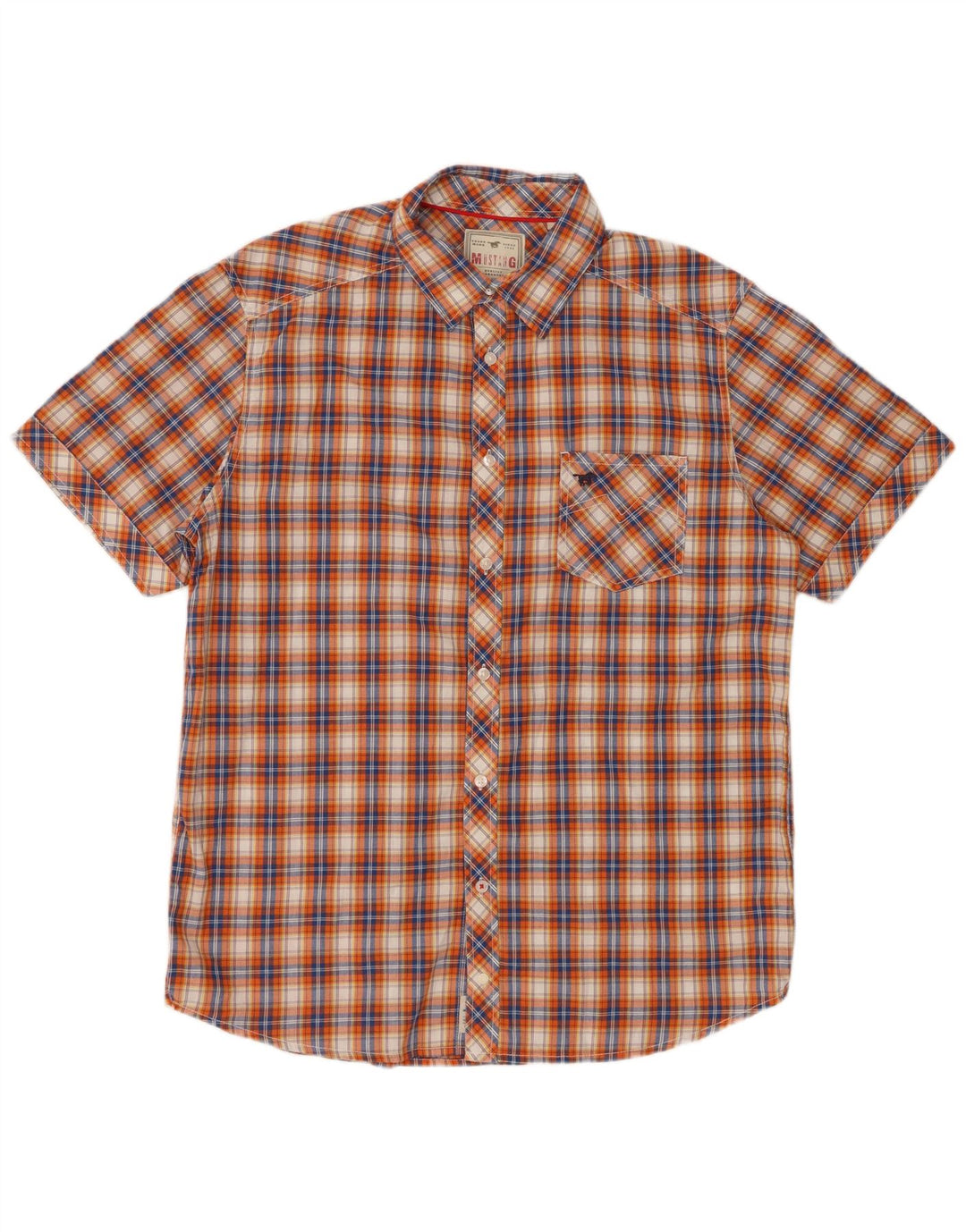 MUSTANG Mens Short Sleeve Shirt Large Orange Check Cotton