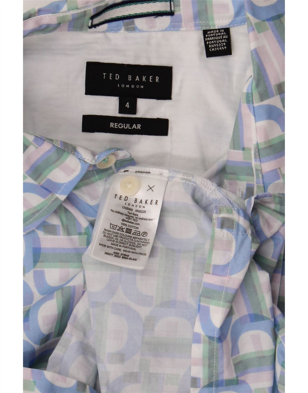 Ted Baker Mens Regular Short Sleeve Shirt Size 4 Large Blue Geometric