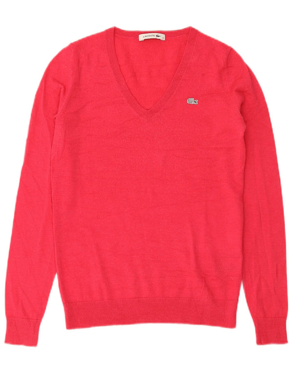 Lacoste Womens V-Neck Jumper Sweater Size 36 Small Red Merino Wool
