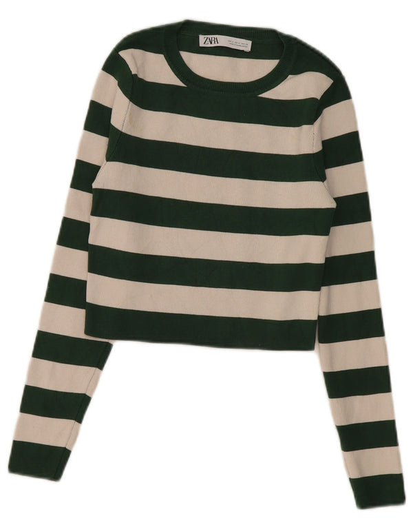 Zara Womens Crop Boat Neck Jumper Sweater UK 12 Medium Green Striped