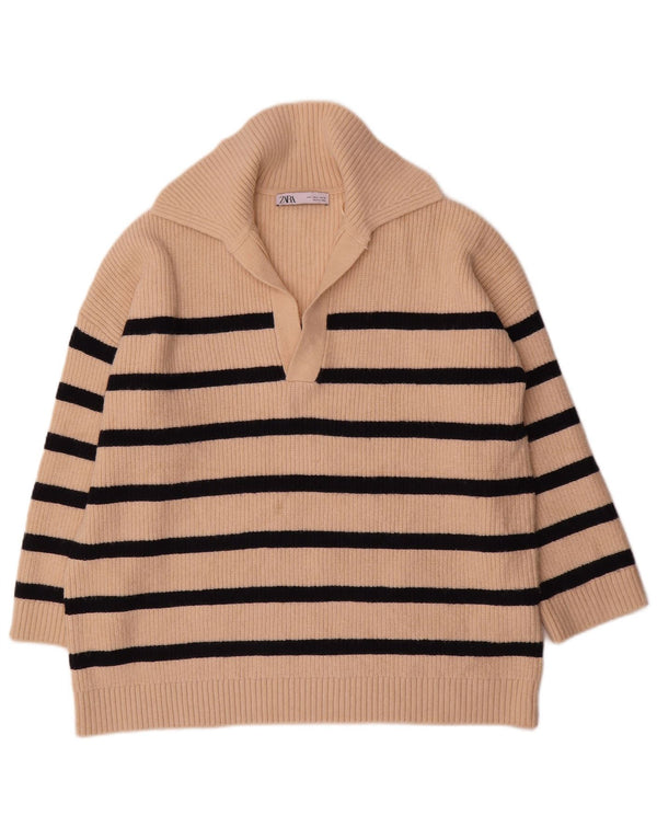 Zara Womens Oversized Polo Neck Jumper Sweater UK 16 Large Beige Striped