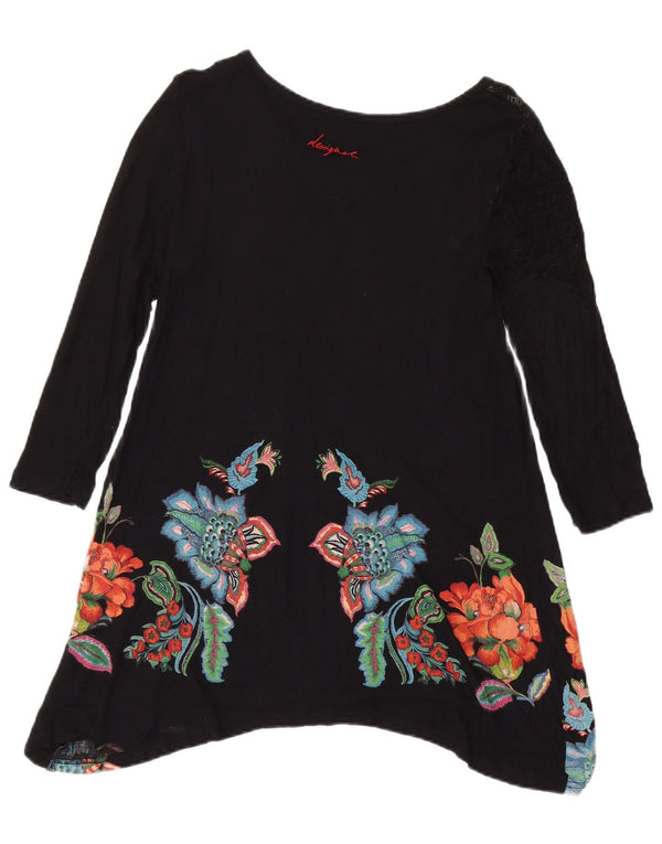 Desigual Womens Long Sleeve Tunic Top UK 12 Medium Black Floral Bohemian