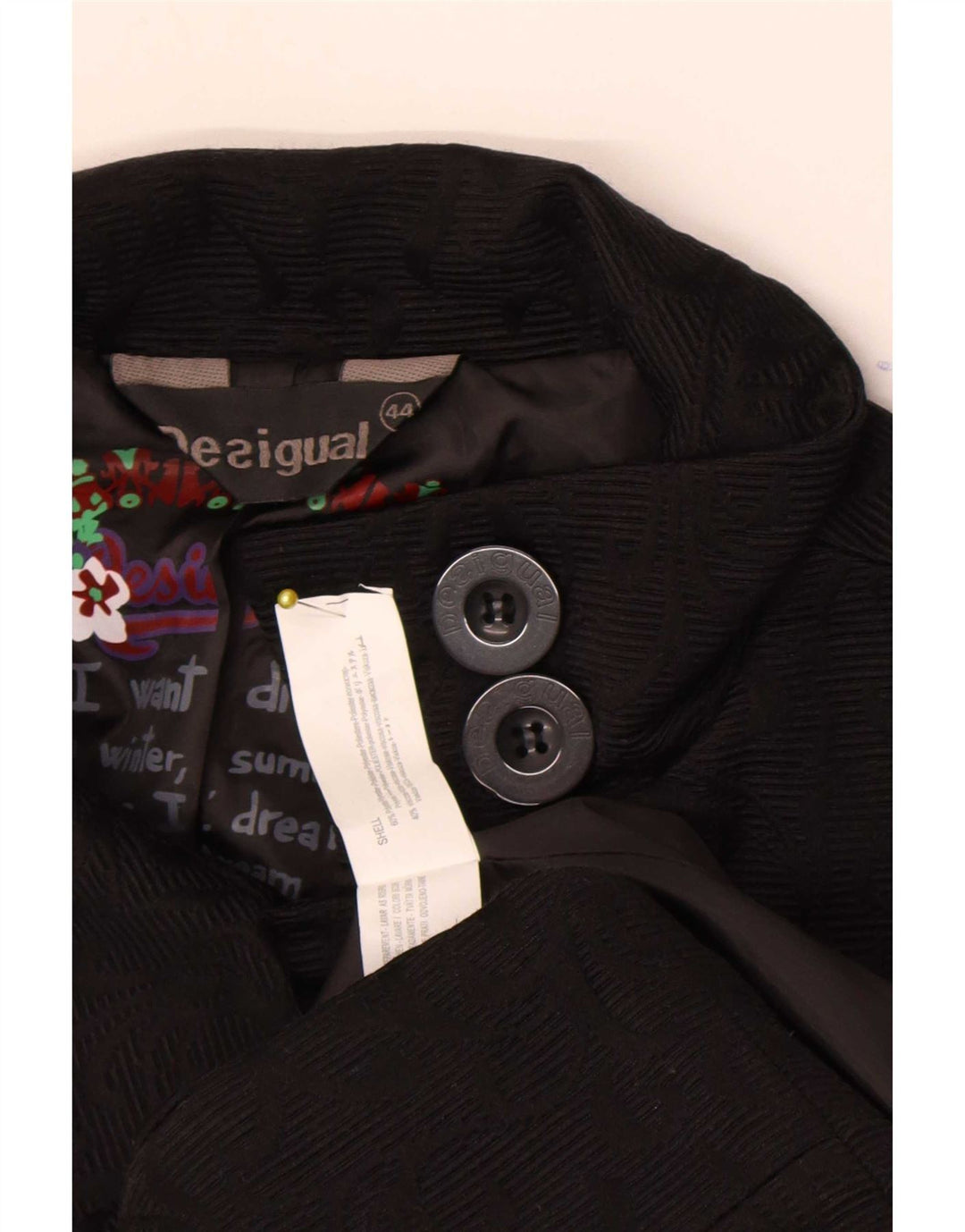 Desigual Womens Graphic Overcoat EU 44 XL Black Geometric Polyester