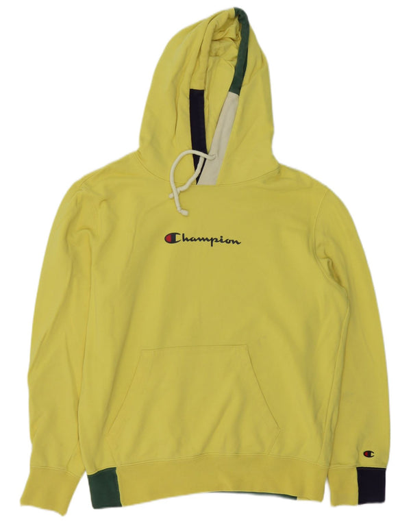 CHAMPION Womens Graphic Hoodie Jumper UK 16 Large Yellow Colourblock