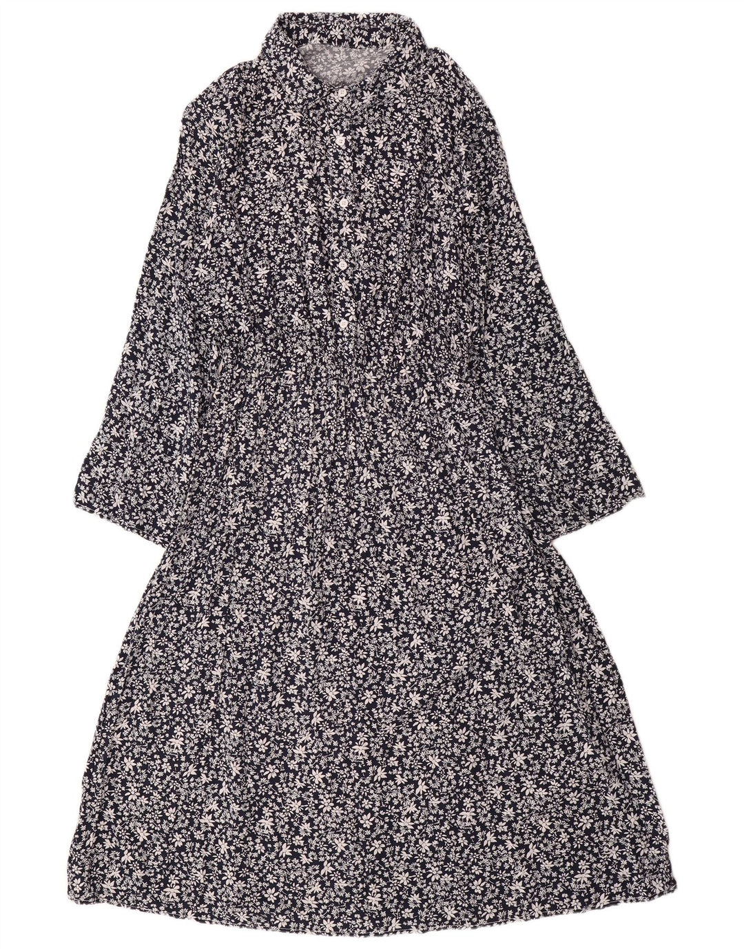 VINTAGE Womens Long Sleeve Maxi Dress UK 14 Large Navy Blue Floral Cotton