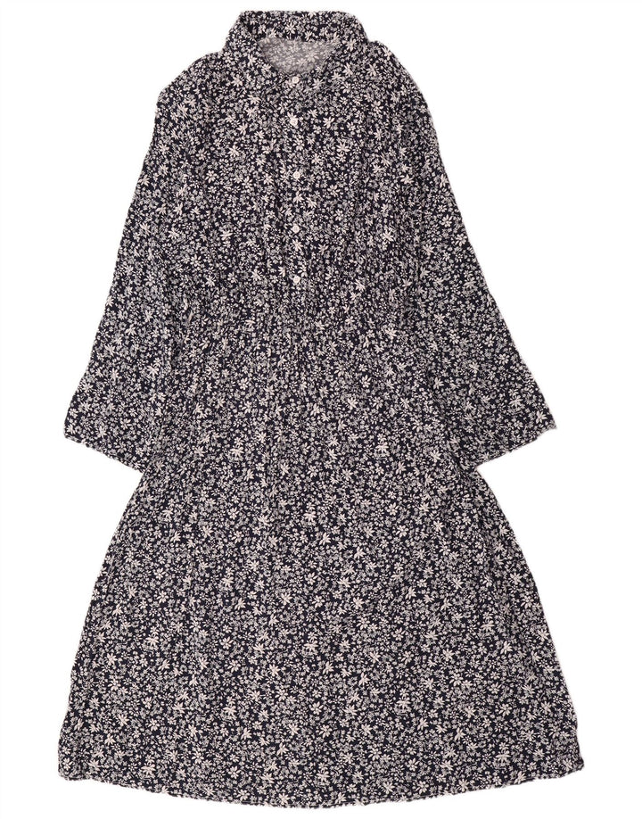 VINTAGE Womens Long Sleeve Maxi Dress UK 14 Large Navy Blue Floral Cotton