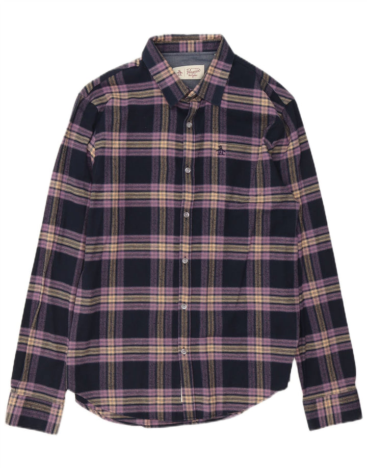 Penguin Mens Flannel Shirt Medium Navy Blue Check Cotton