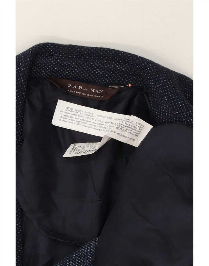 ZARA Mens 2 Button Blazer Jacket EU 50 Medium Navy Blue Spotted Polyester