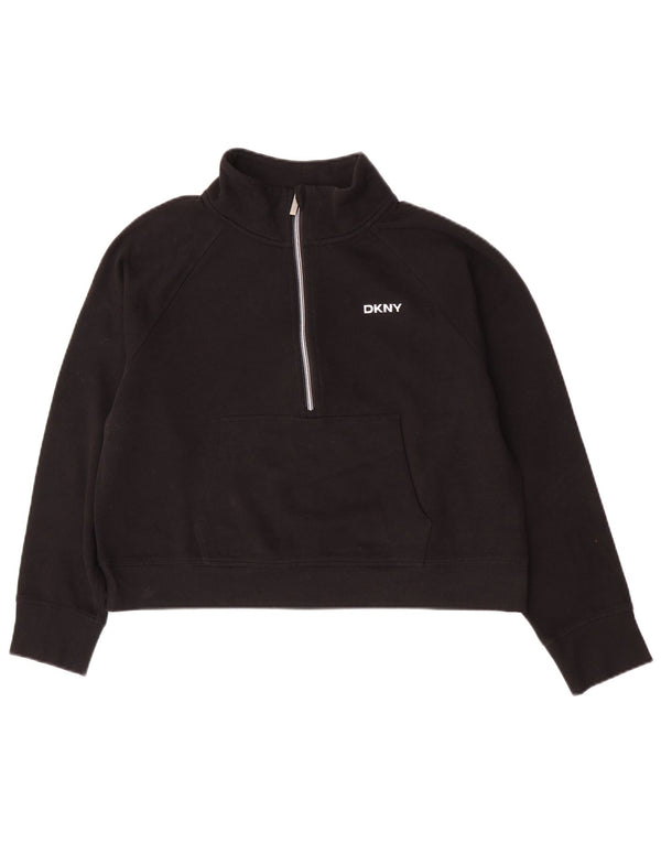 Dkny Womens Crop Zip Neck Sweatshirt Jumper UK 16 Large Black Cotton