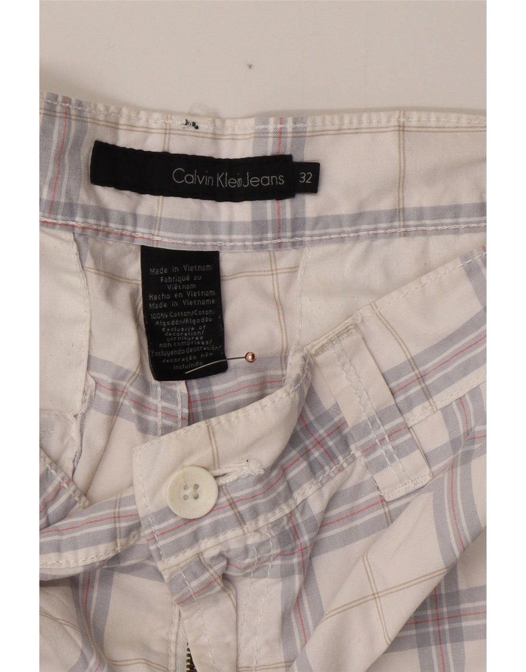 CALVIN KLEIN Mens Cargo Shorts W32 Medium White Check Cotton