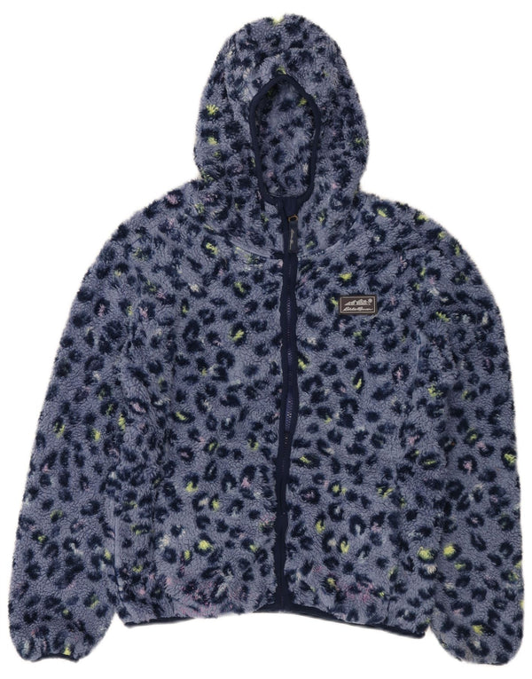EDDIE BAUER Girls Hooded Fleece Jacket 13-14 Years Large Blue Animal Print