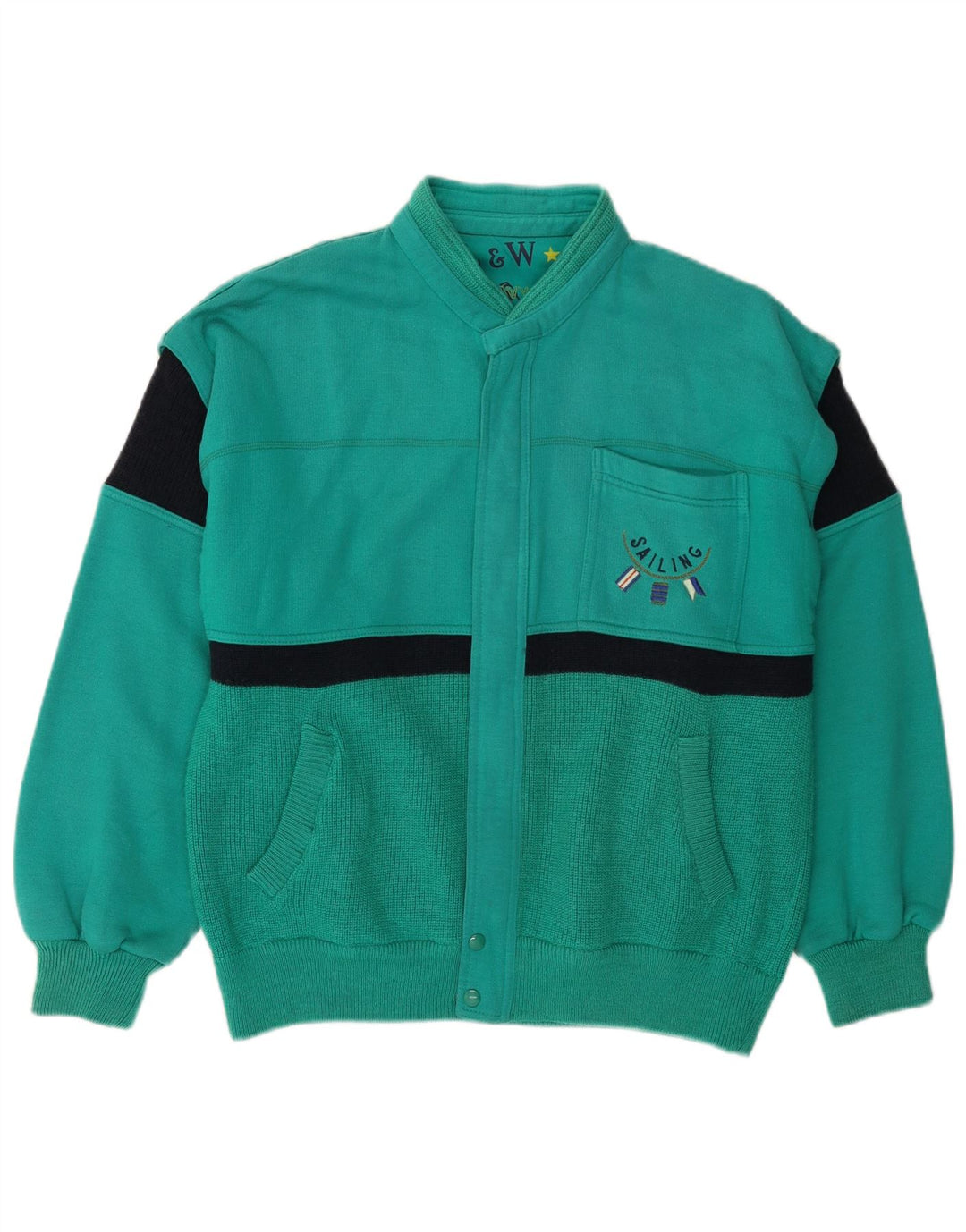 VINTAGE Mens Cardigan Sweater Large Green Colourblock Wool