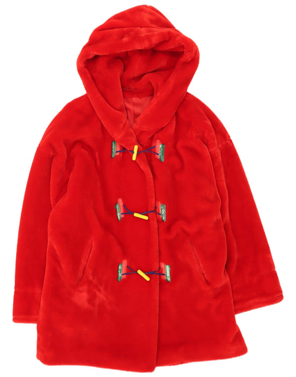 Vintage Womens Oversized Hooded Faux Fur Duffle Coat UK 12 Medium Red