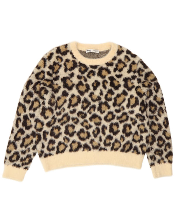 Zara Womens Crew Neck Jumper Sweater UK 18 XL Beige Animal Print Polyamide