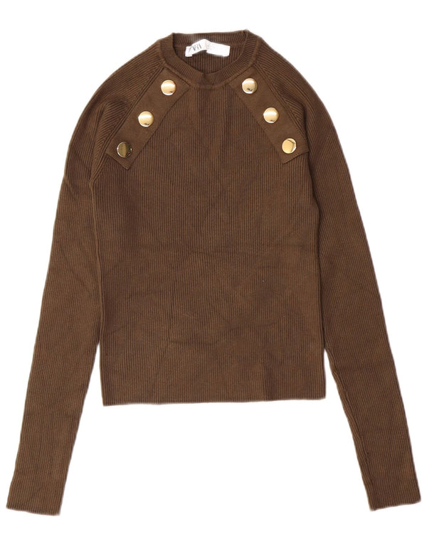 ZARA Womens Crop Crew Neck Jumper Sweater UK 8 Small Khaki