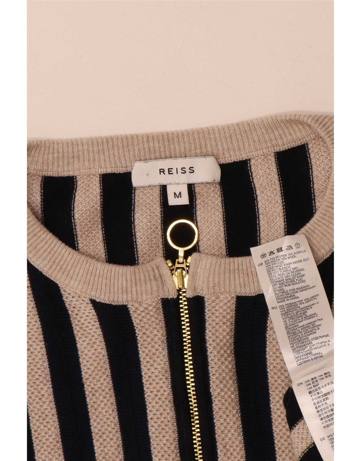Reiss Womens Zip Neck Jumper Sweater UK 14 Medium Black Striped Polyester