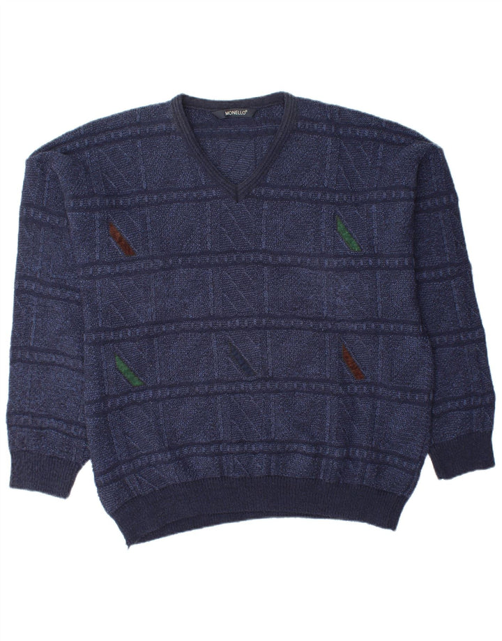 MONELLO Mens V-Neck Jumper Sweater IT 50 Medium Navy Blue Geometric Wool