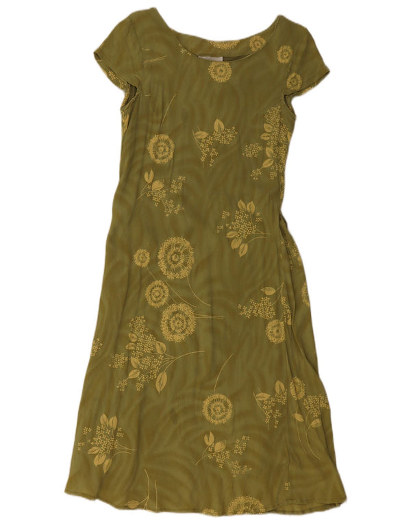Vintage Womens A-Line Dress UK 14 Large Khaki Floral Viscose
