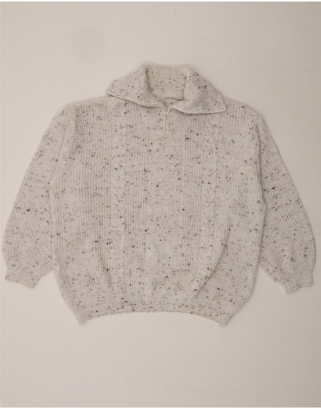 VINTAGE Mens Zip Neck Jumper Sweater Large White Flecked Polyacrylic Vintage Vintage and Second-Hand Vintage from Messina Hembry 