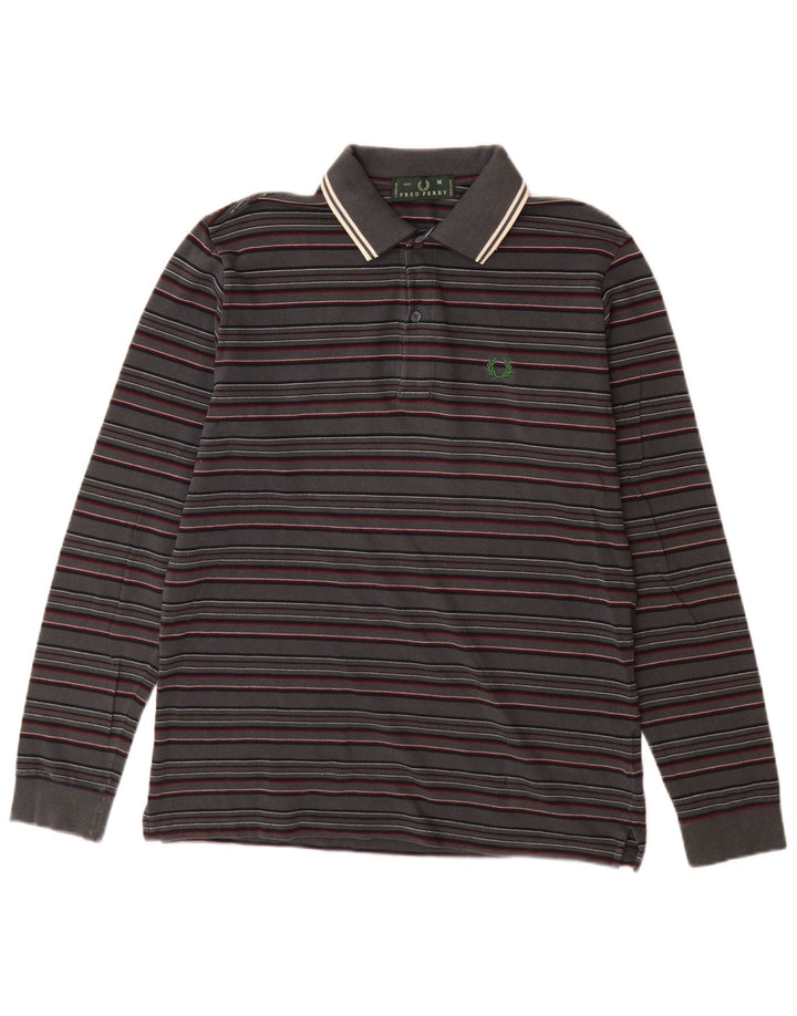 FRED PERRY Mens Long Sleeve Polo Shirt Medium Grey Striped Cotton