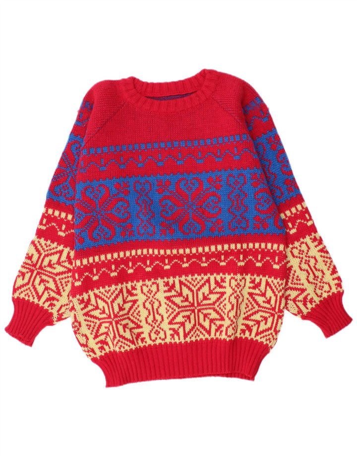 Vintage Mens Boat Neck Jumper Sweater Medium Red Fair Isle